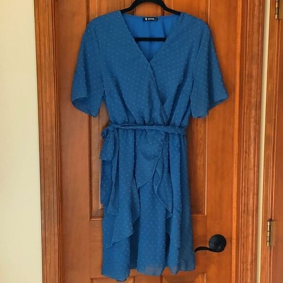 Blue Wrap Dress with Polka Dots - Picture 1 of 8